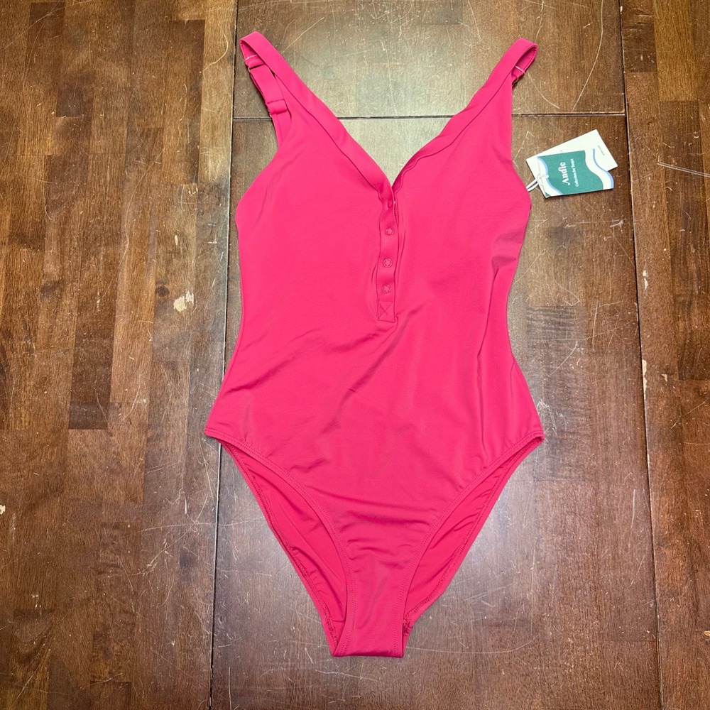 New Andie One Piece Swimsuit Women Small Pink Long Torso Henley V-Neck AIN22 NWT